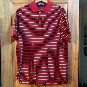Men’s size large Polo by Ralph Lauren red, black and yellow stripe polo shirt.